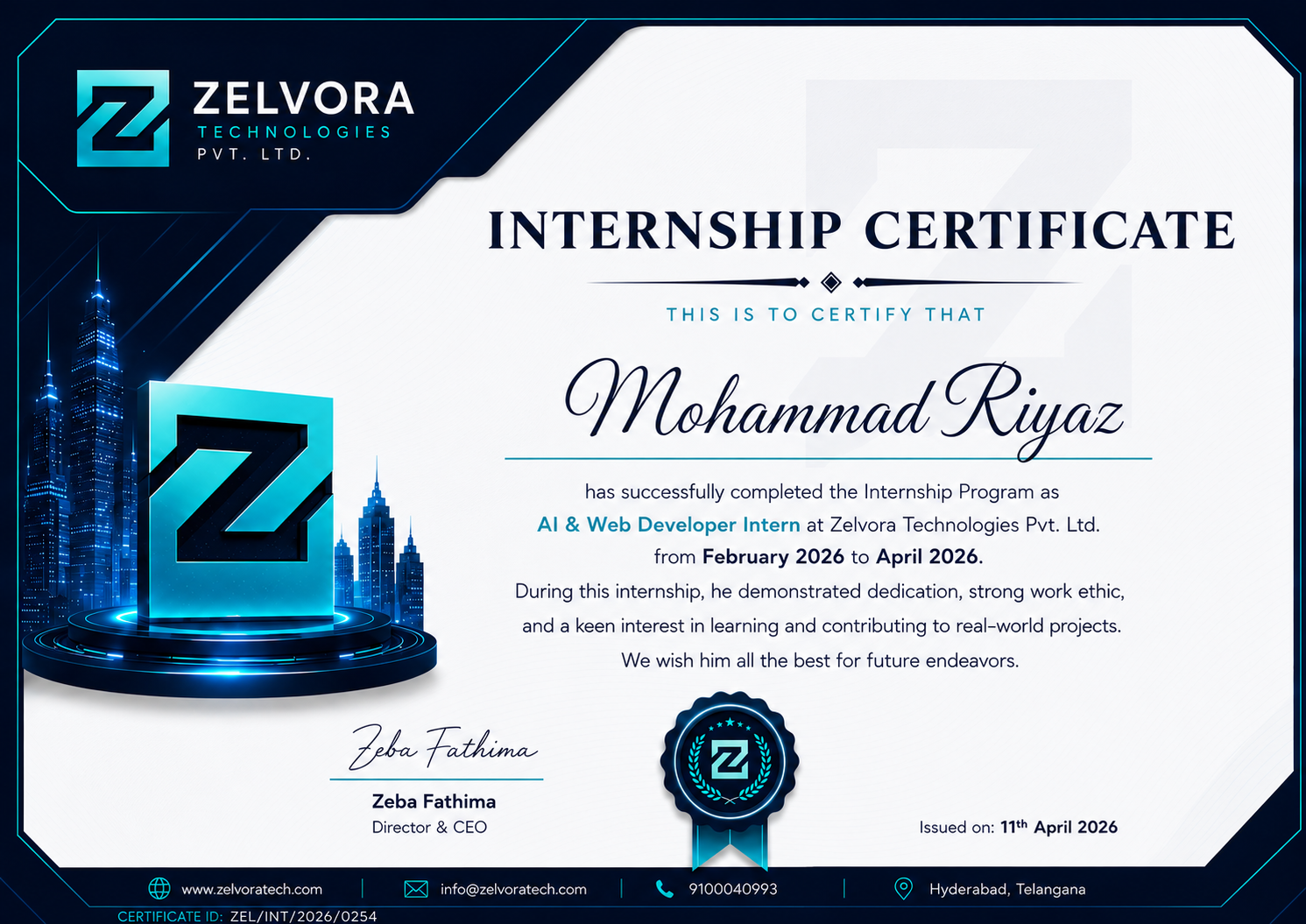 Zelvora Internship Certificate
